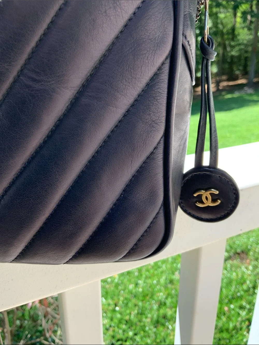 CHANEL Navy Chevron Quilted Lambskin Leather Shoulder Bag with Gold CC Tag